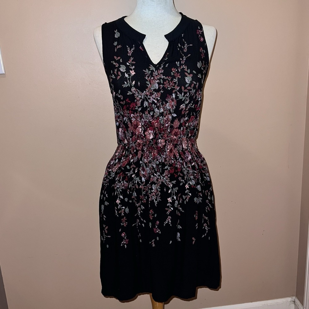 Maurices Womens Tank Dress M Black Floral Flowy Lined Vneck Knee Length